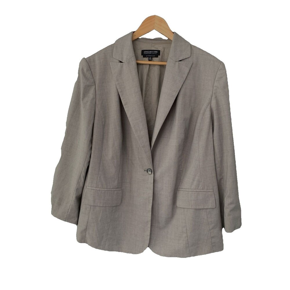 Jones New York Wool Blend Blazer Jacket Sz18W Dark Beige Gray Greige Minimalist